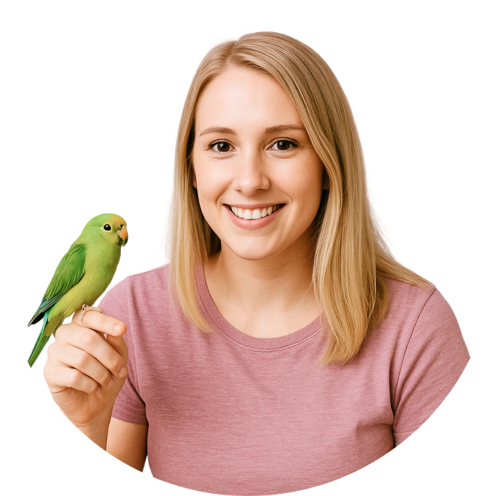 Smiling pet sitter providing gentle bird care and grooming